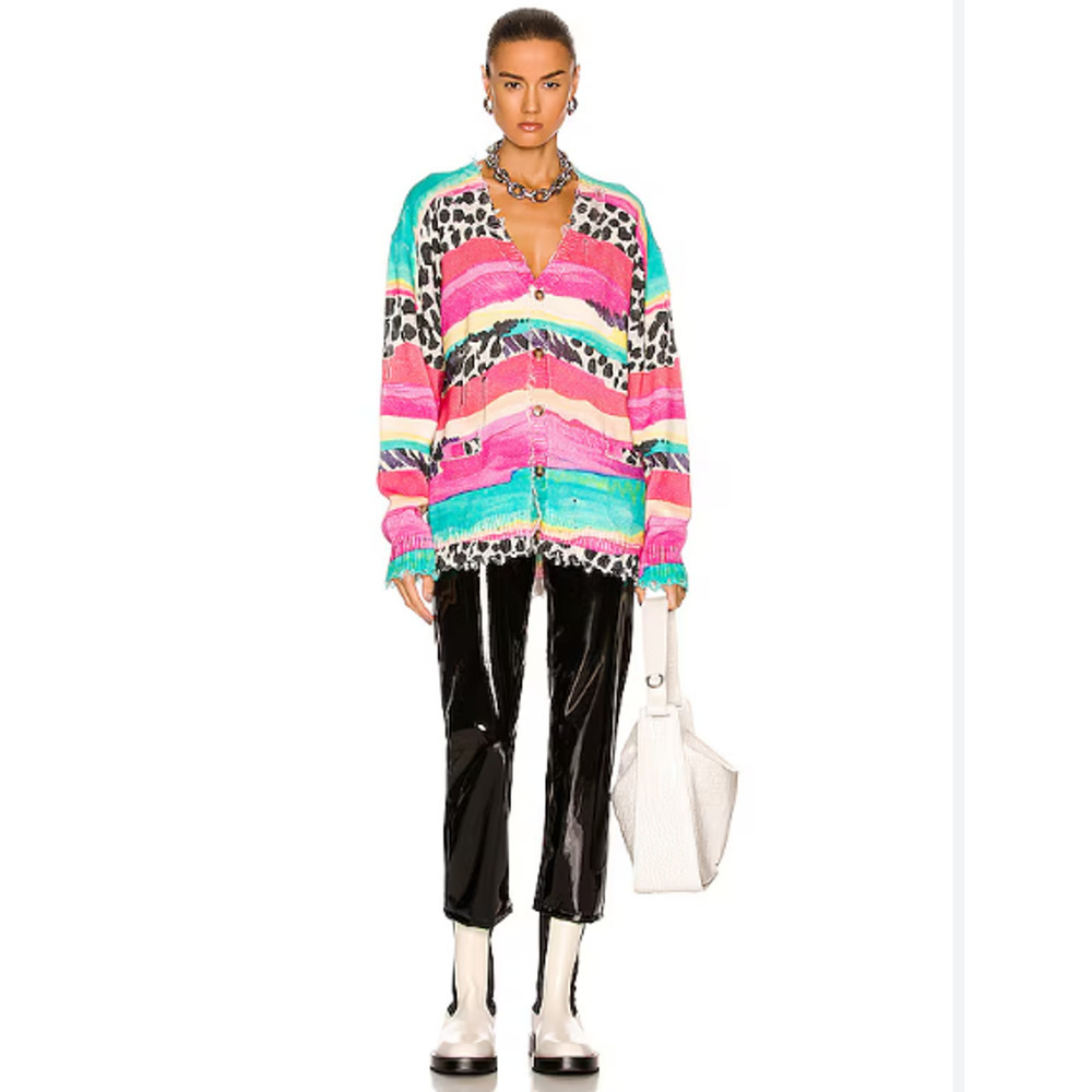 NWOT R13 Distressed Stripe Edge Oversize Cardigan Sweater Size XS Multi #2E405